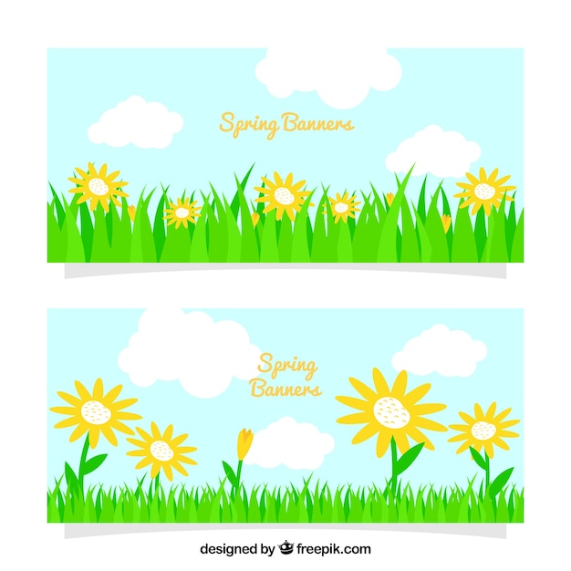 Banners de primavera con flores y césped