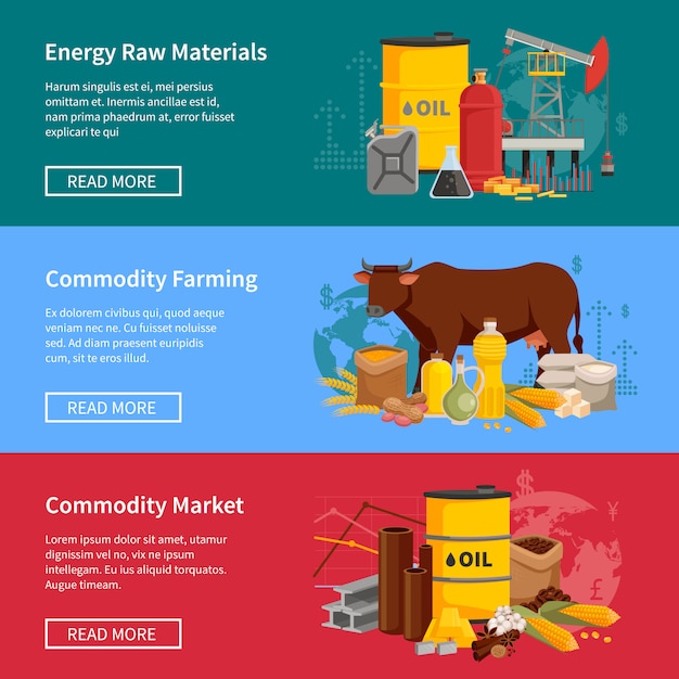 Banners de productos básicos con materias primas energéticas, productos básicos, agricultura y mercado.