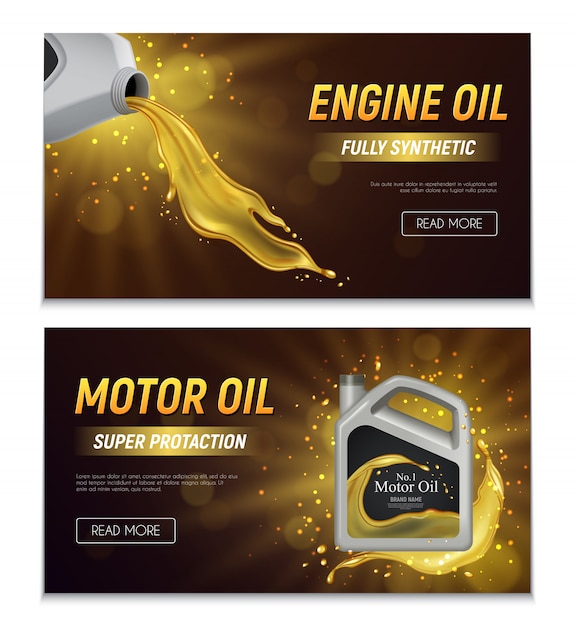 Vector gratuito banners publicitarios realistas de aceite de motor con ilustración de texto promocional de propiedades de protección totalmente sintéticas y súper