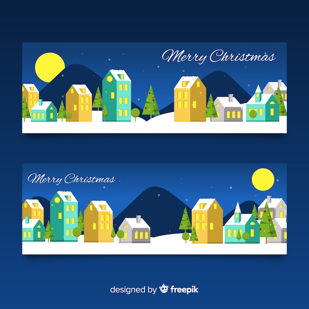 Banners de pueblo navideño con diseño plano