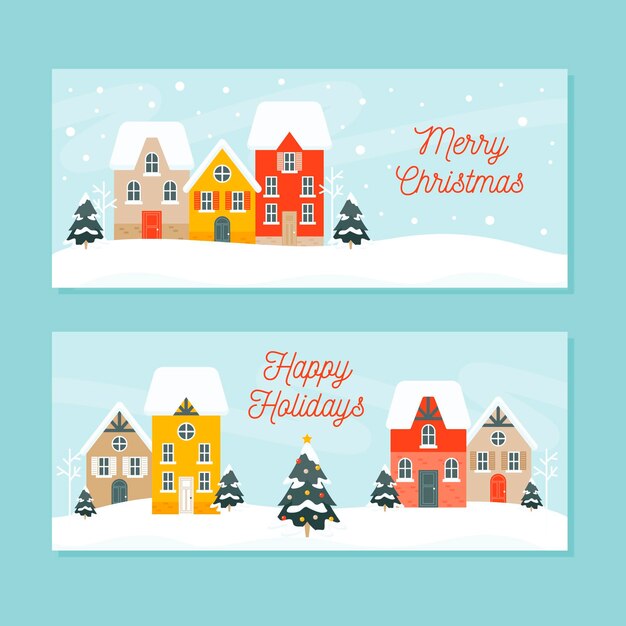 Banners de pueblo navideño de diseño plano