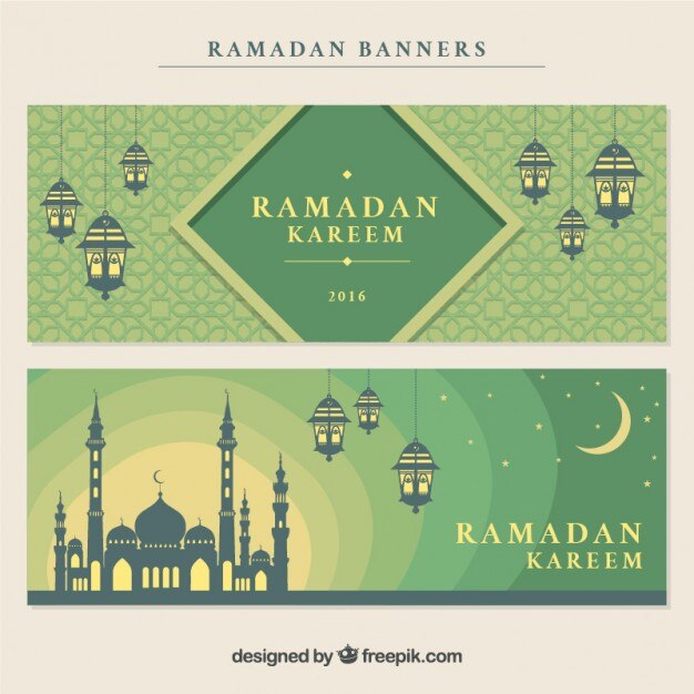 Banners de ramadan decorativos con mezquita y farolillos