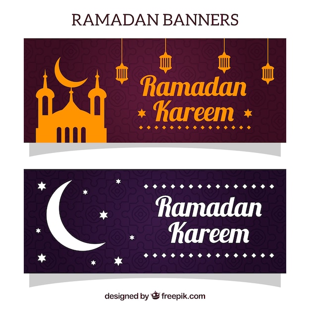 Banners de ramadan con mezquita y luna