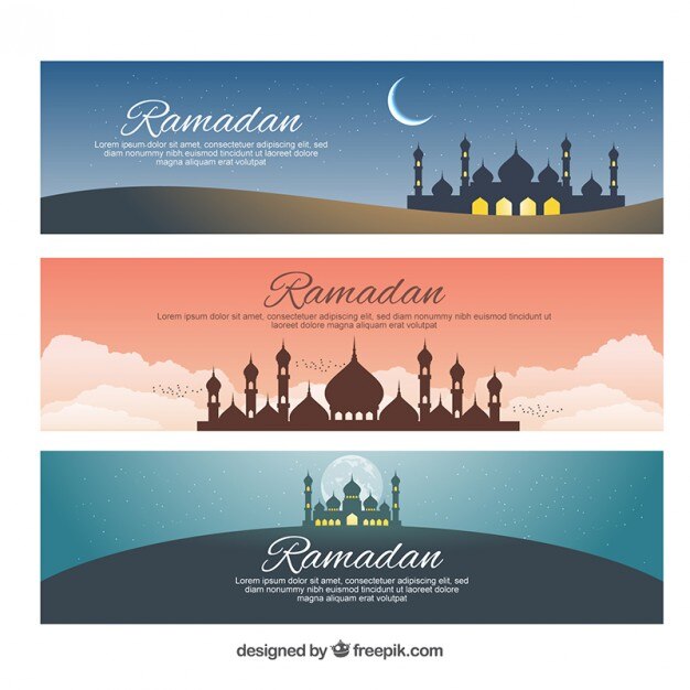 Banners de ramadán con mezquitas y lunas