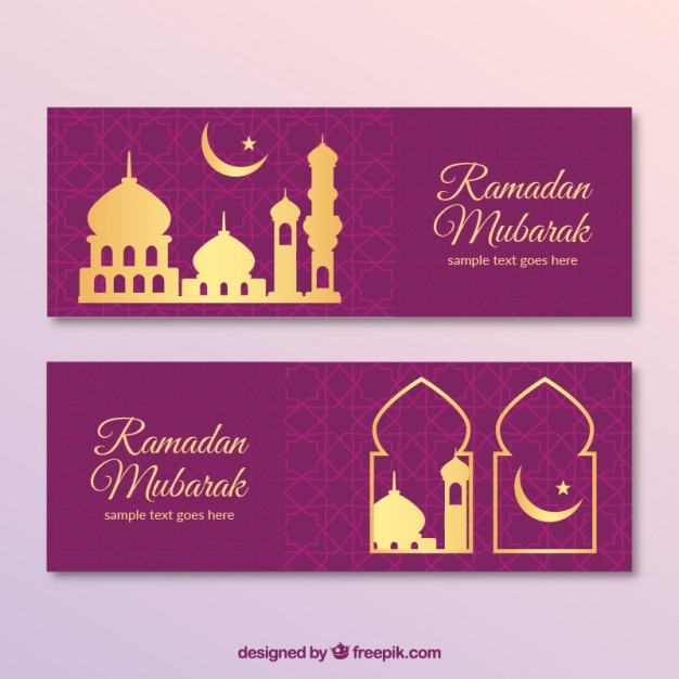 Banners de ramadan morado con detalles dorados