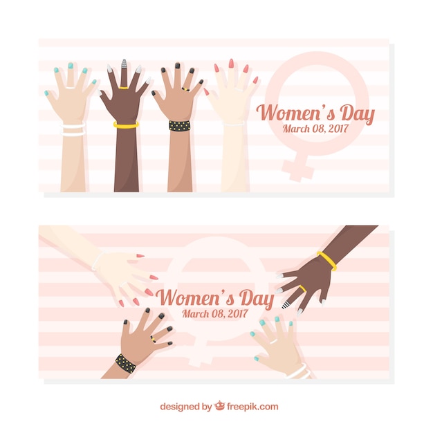 Vector gratuito banners de rayas con manos para el día de la mujer