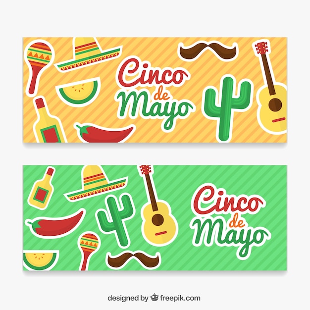 Vector gratuito banners de rayas con objetos mexicanos fantásticos