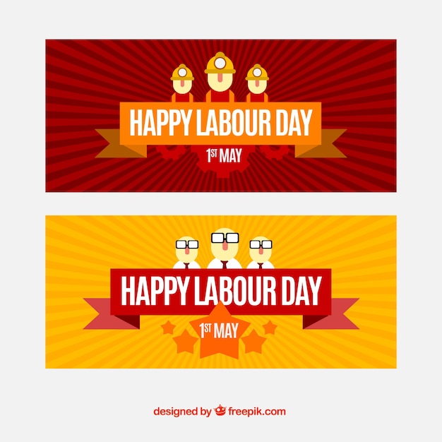 Vector gratuito banners de rayos de sol con trabajadores planos para el día del trabajo