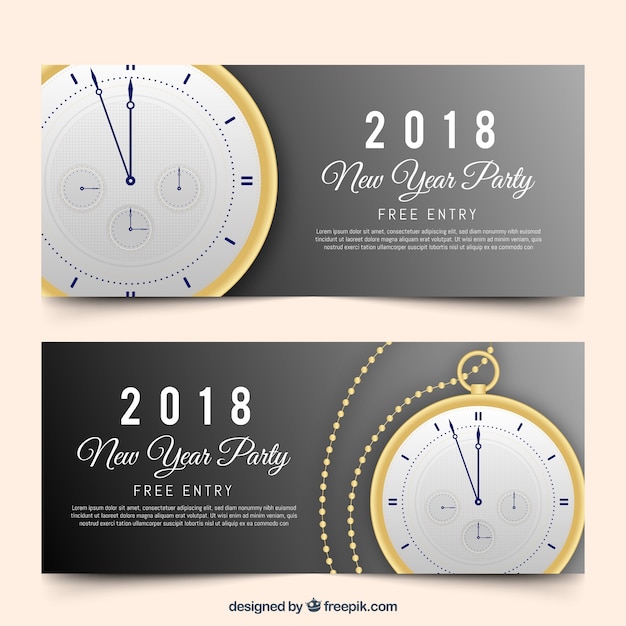 Vector gratuito banners realistas de fiesta de año nuevo 2018 con reloj de bolsillo