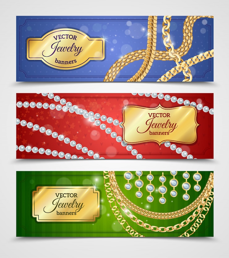 Vector gratuito banners realistas de joyería con cadenas y pendientes