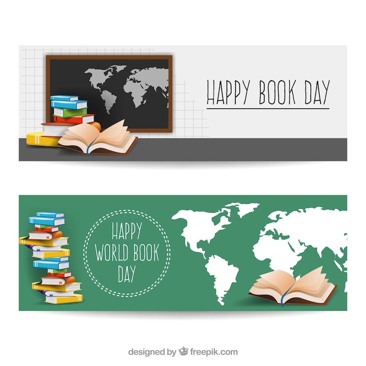 Vector gratuito banners realistas con mapa del mundo y libros