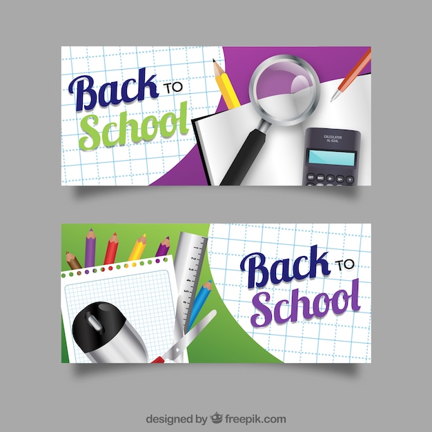 Banners realistas con material escolar