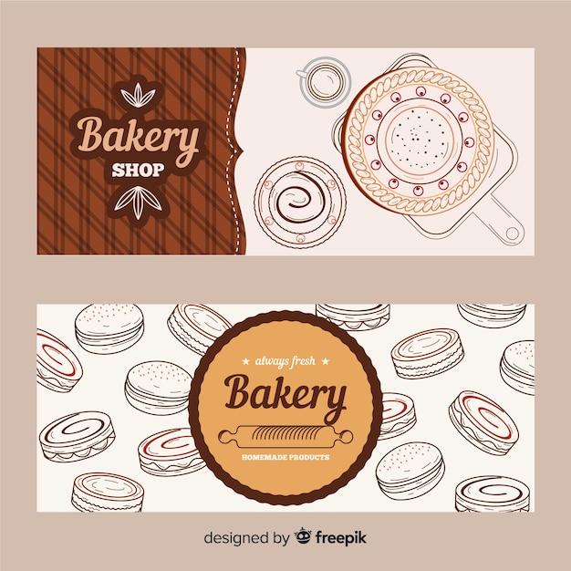 Banners realistas de panadería dibujados a mano
