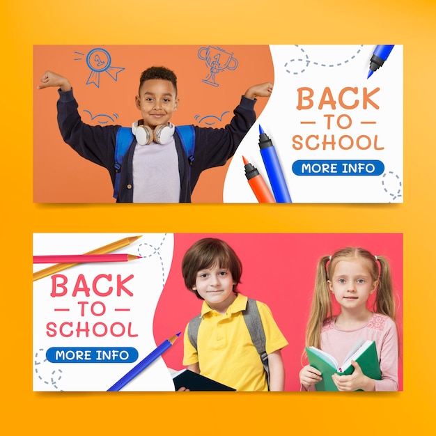 Vector gratuito banners realistas de regreso a la escuela con foto