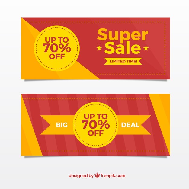Banners de rebajas amarillos y rojos en diseño plano