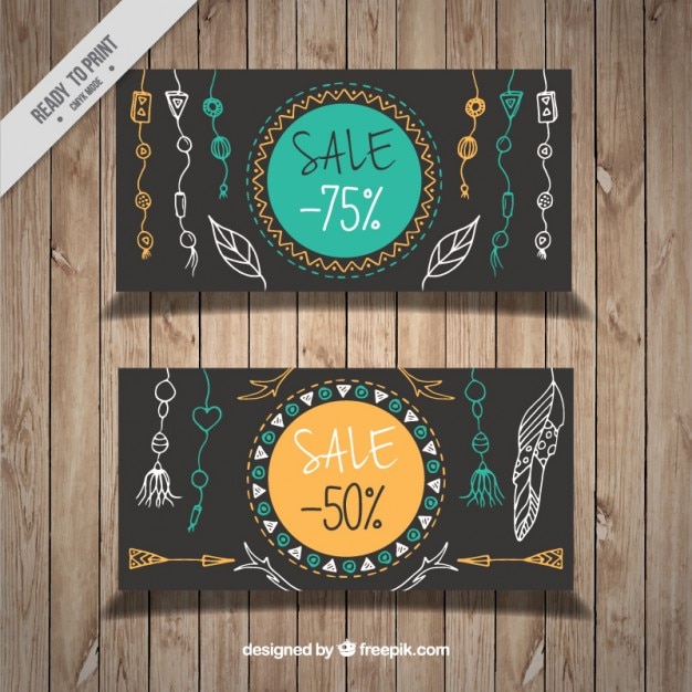 Vector gratuito banners de rebajas con bocetos de decoración boho