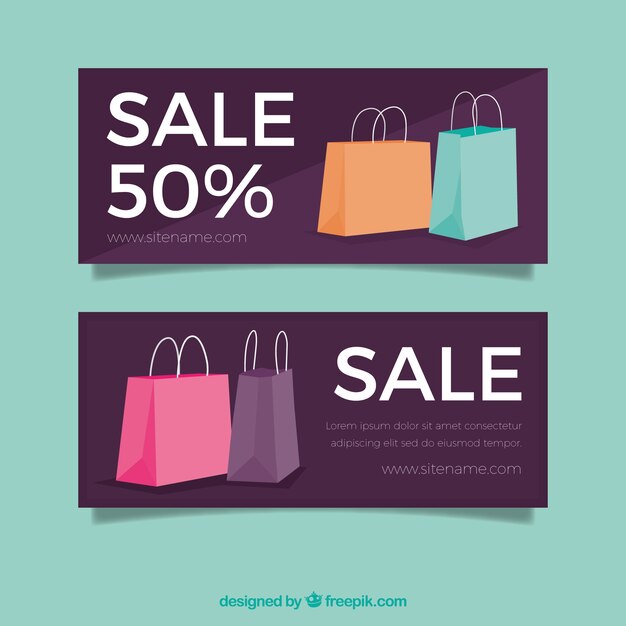 Banners de rebajas con bolsas de compra