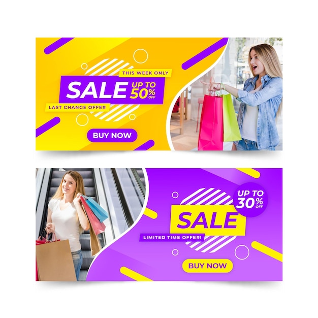 Vector gratuito banners de rebajas degradados con foto