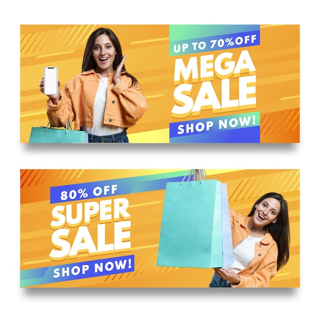 Vector gratuito banners de rebajas degradados con foto