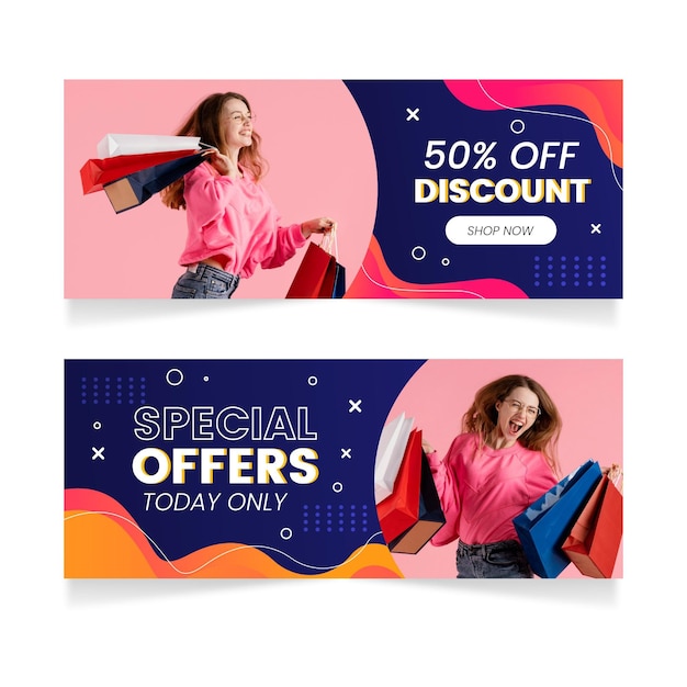 Vector gratuito banners de rebajas degradados con foto