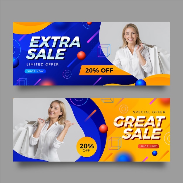 Vector gratuito banners de rebajas degradados con foto