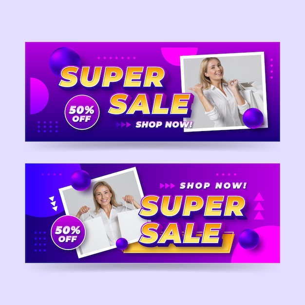 Vector gratuito banners de rebajas degradados con foto