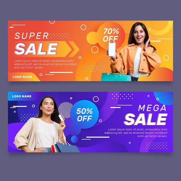 Vector gratuito banners de rebajas degradados con foto