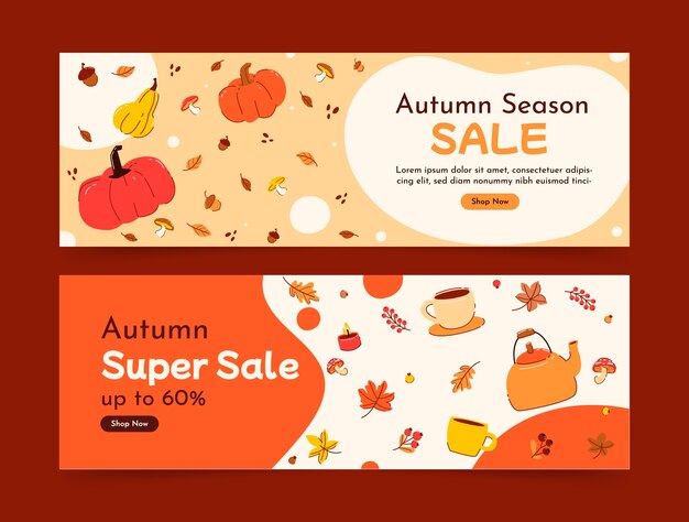 Banners de rebajas horizontales dibujados a mano para otoño