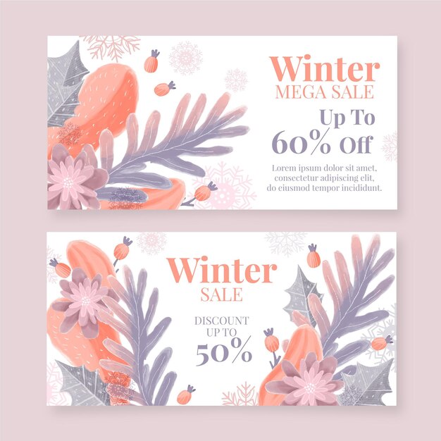 Banners de rebajas de invierno dibujados a mano