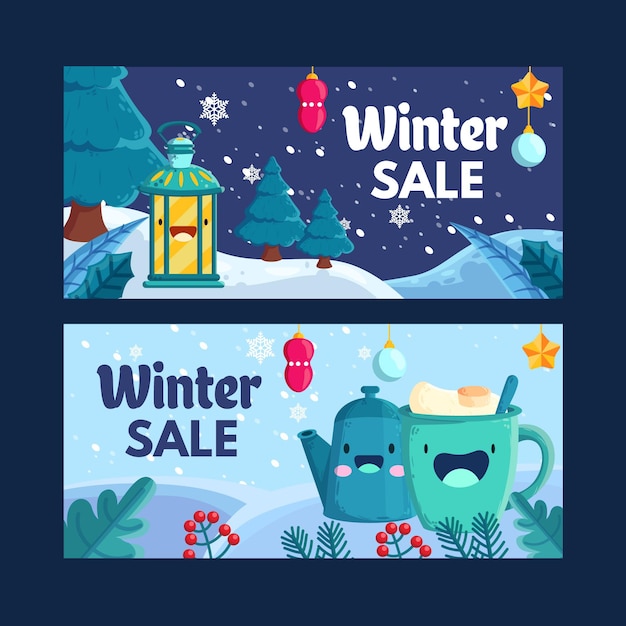 Banners de rebajas de invierno en diseño plano