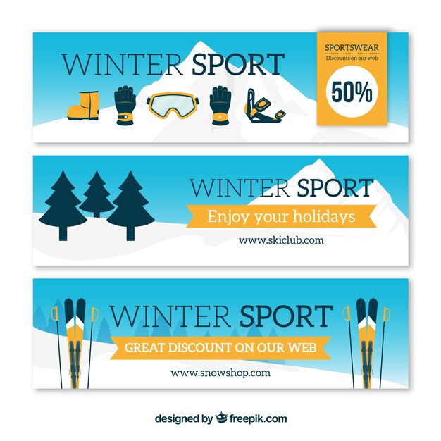 Banners de rebajas de invierno con elementos deportivos
