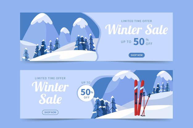 Banners de rebajas de invierno horizontales planas con montañas y esquís