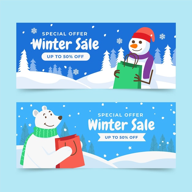 Vector gratuito banners de rebajas de invierno horizontales planas con oso polar y muñeco de nieve