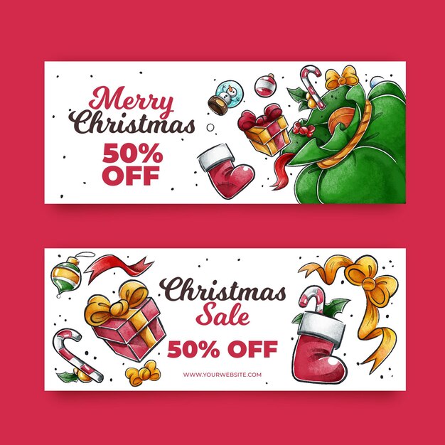 Banners de rebajas de navidad en acuarela