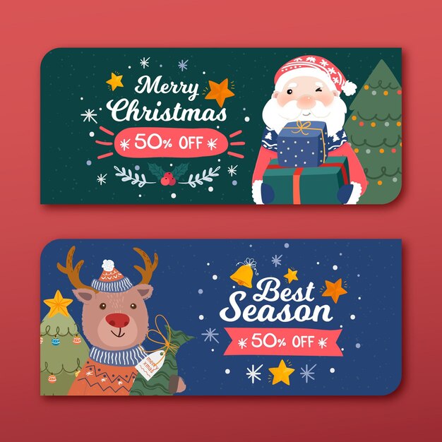 Banners de rebajas de navidad dibujados a mano