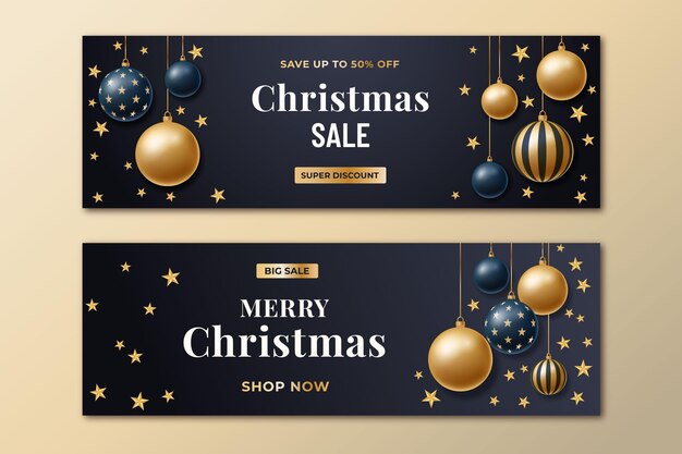 Banners de rebajas de navidad doradas