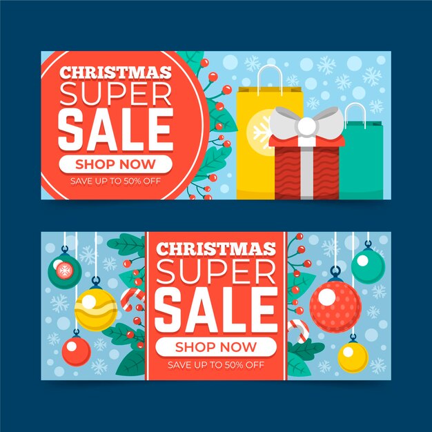 Banners de rebajas navideñas en diseño plano