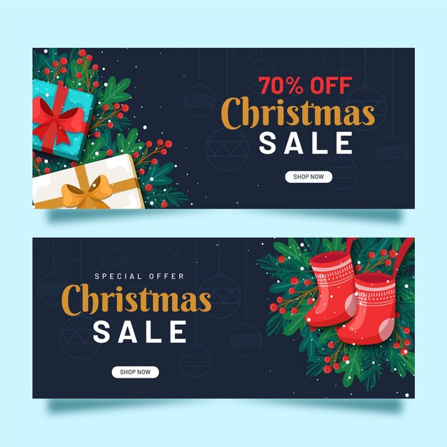 Banners de rebajas navideñas en diseño plano