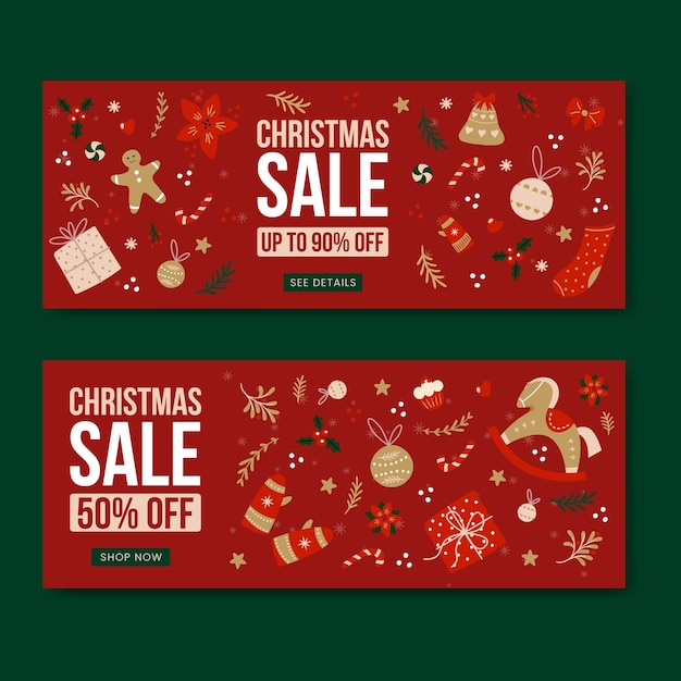 Vector gratuito banners de rebajas navideñas en diseño plano