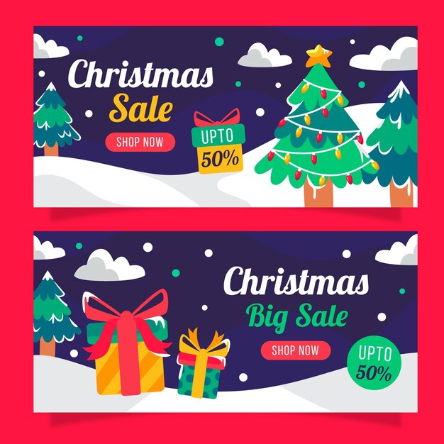 Banners de rebajas navideñas en estilo plano