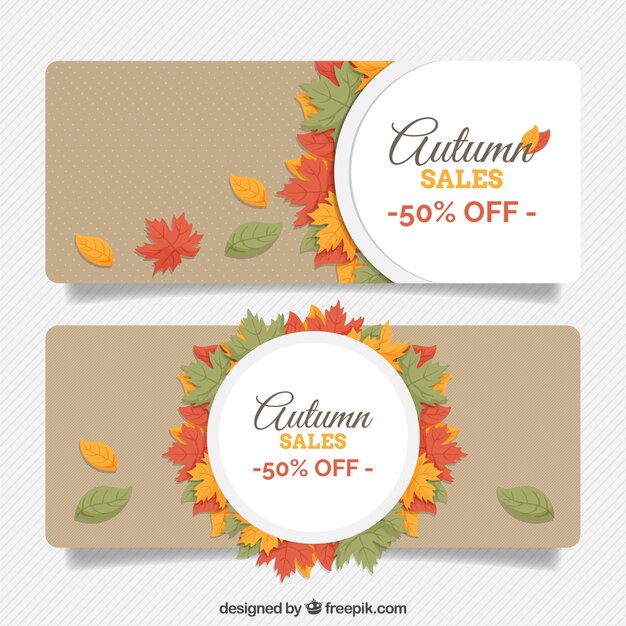 Banners de rebajas de otoño con hojas otoñales