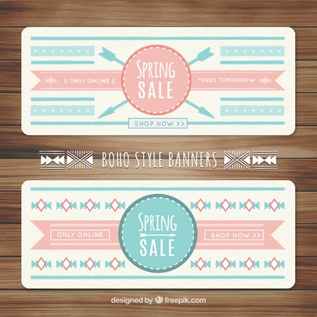 Banners de rebajas de primavera con decoración boho