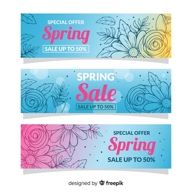 Vector gratuito banners de rebajas de primavera dibujado a mano