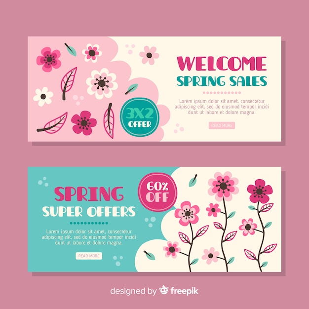 Vector gratuito banners de rebajas de primavera dibujados a mano