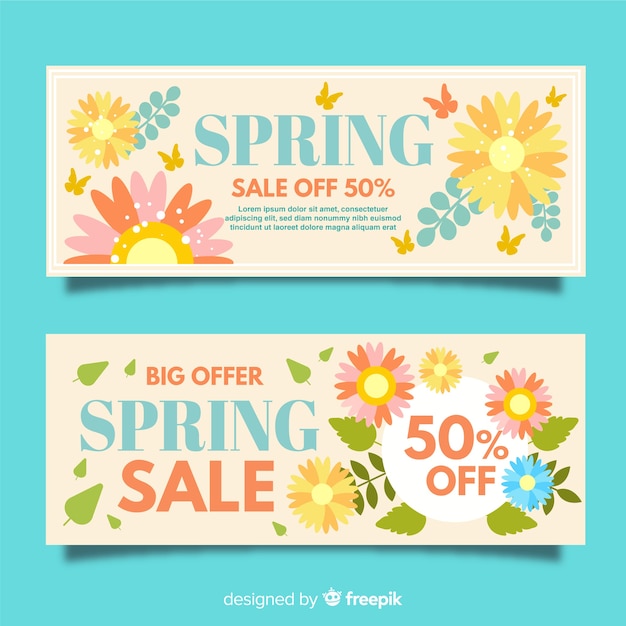 Banners de rebajas de primavera en diseño plano