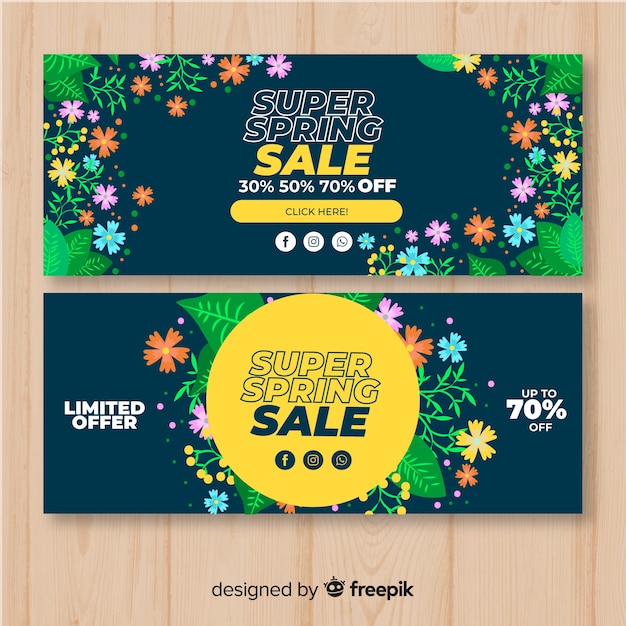 Banners de rebajas de primavera en diseño plano