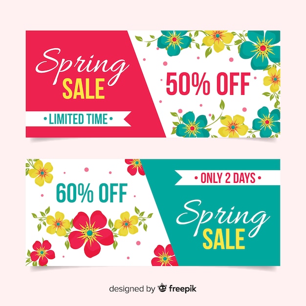 Vector gratuito banners de rebajas de primavera en diseño plano