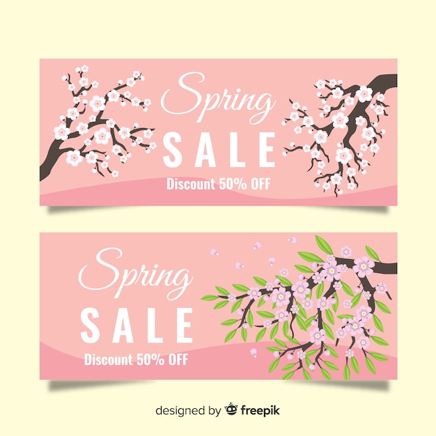 Banners de rebajas de primavera en diseño plano