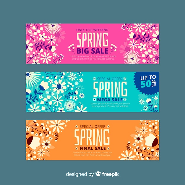 Banners de rebajas de primavera en diseño plano