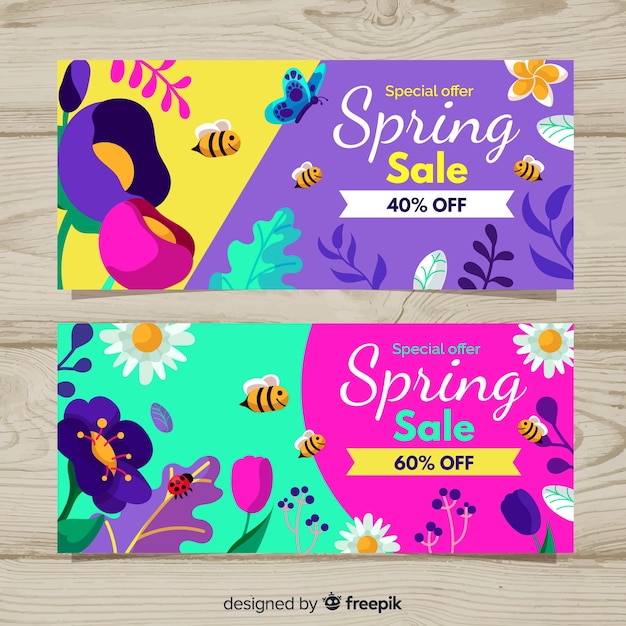 Vector gratuito banners de rebajas de primavera en diseño plano